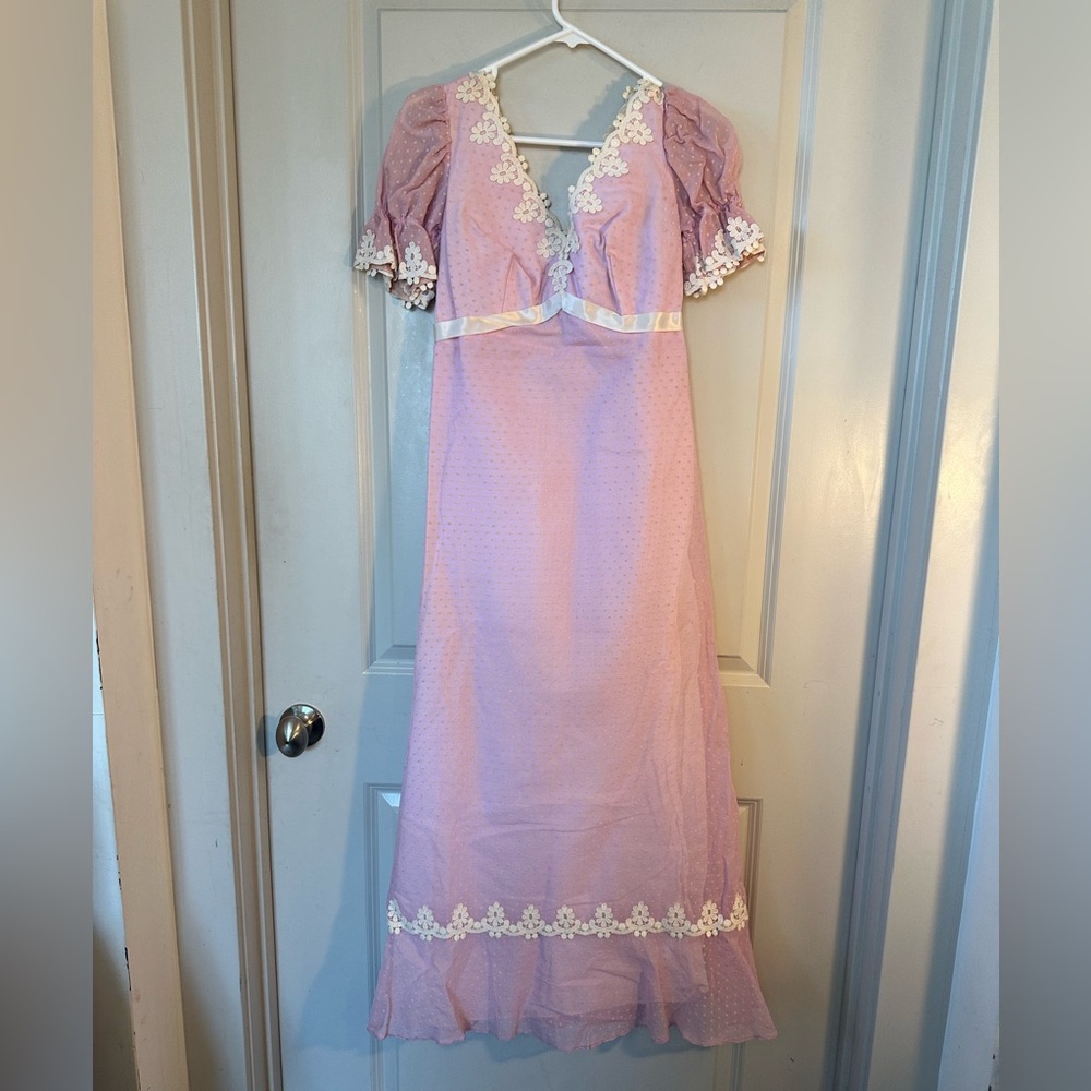 Vintage 60’s Hand Crafted Pink&White Swiss Dot Sweetheart Necklace Prairie Dress